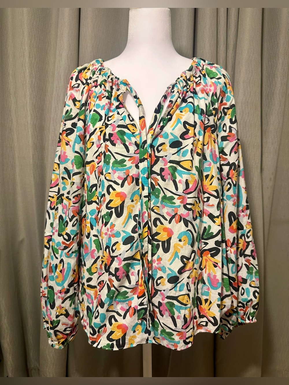 TANYA TAYLOR Adelina Top Multicolor Floral Tie-Neck Peasant Blouse